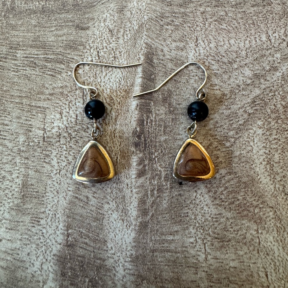 Dainty Dangle Drop Triangle Earrings Black & Gold Tones Enameled Neutral Tone